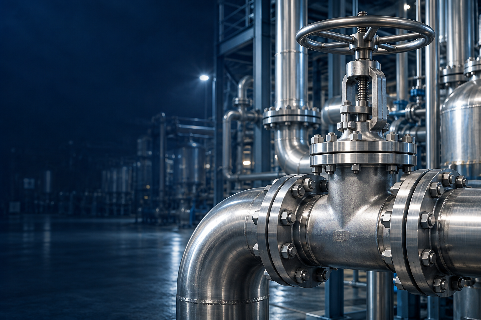 Stainless-steel valves and industrial pipework